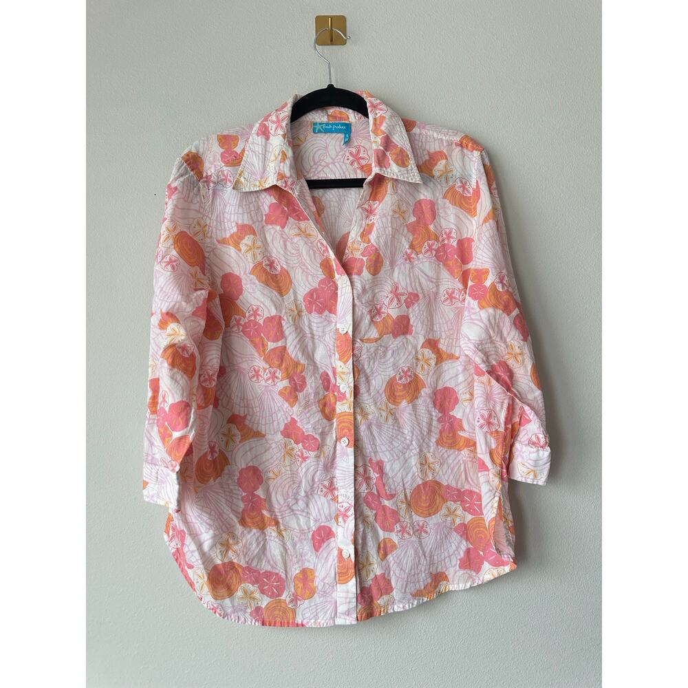 Fresh Produce Seashell Print Cotton Button Up Shirt Coastal L